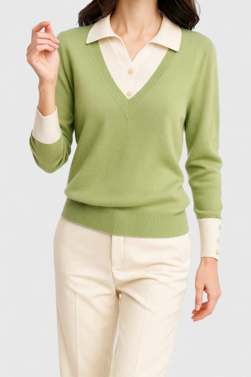 Women's V-Neck Polo Collar Knit Pullover Sweater - Lime