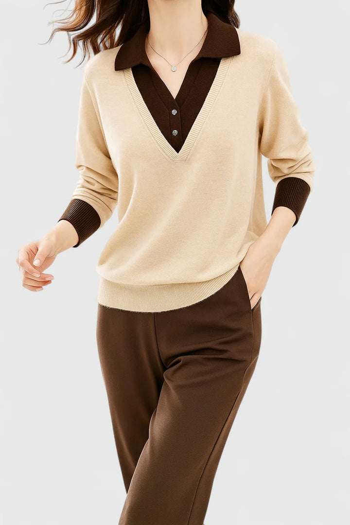 Women's V-Neck Polo Collar Knit Pullover Sweater - Beige