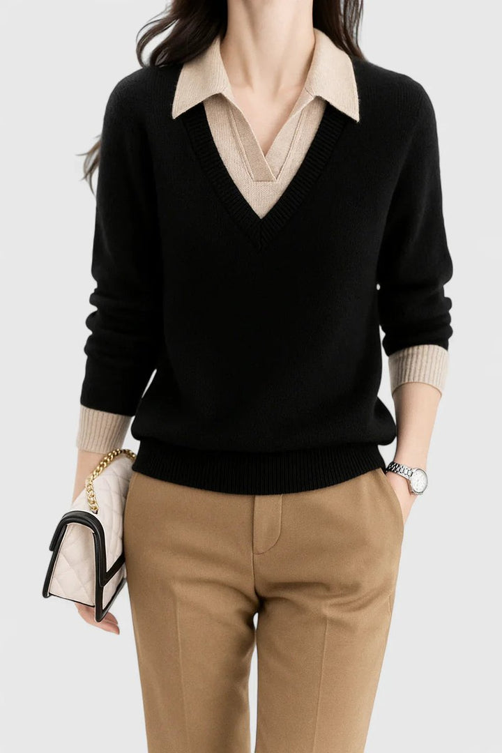 Women's V-Neck Polo Collar Knit Pullover Sweater - Black