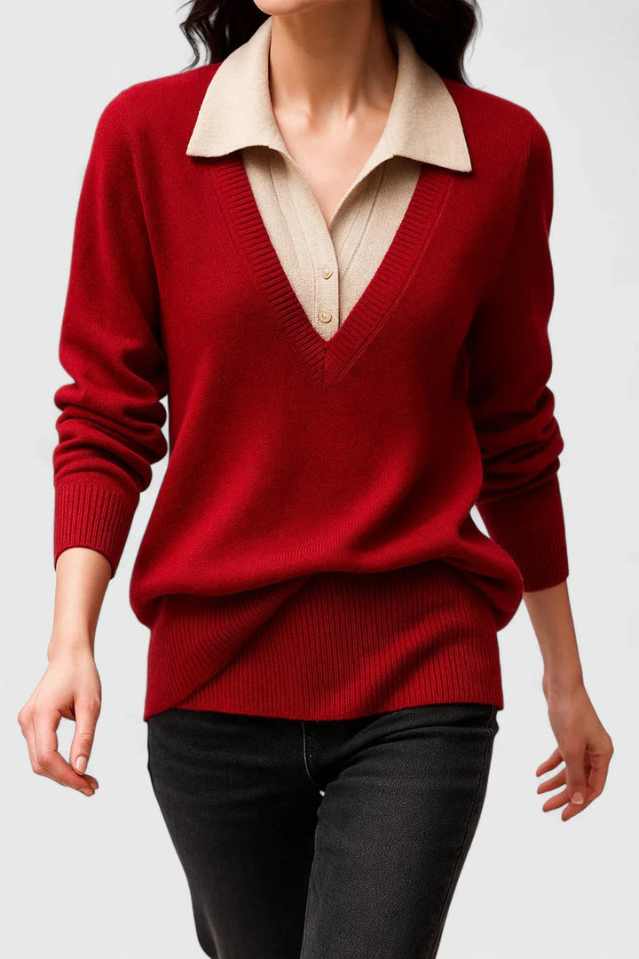 Women's V-Neck Polo Collar Knit Pullover Sweater
