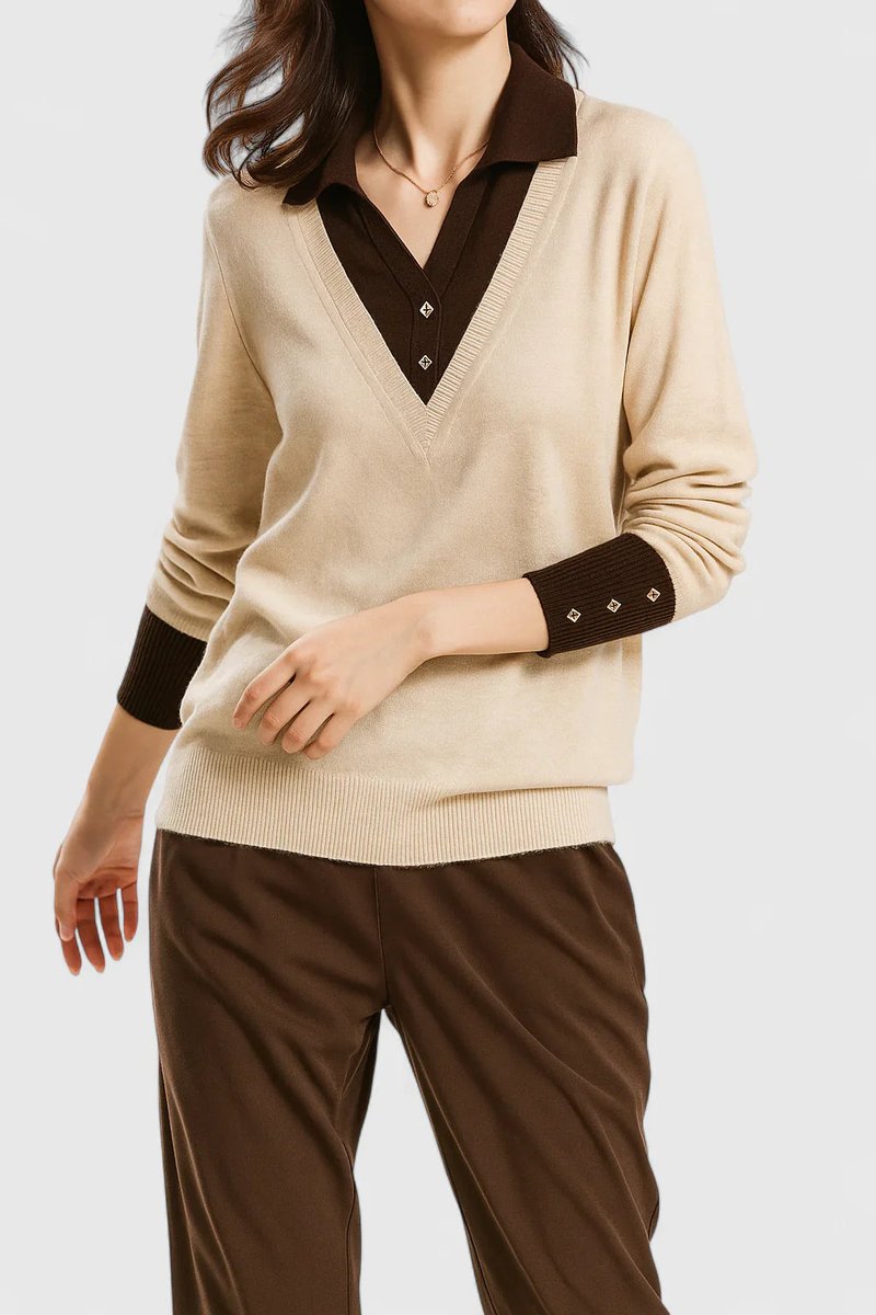 Women's V-Neck Polo Collar Knit Pullover Sweater