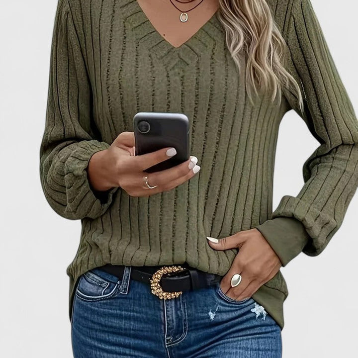 Women's V-Neck Ribbed Cable Knit Sweater Long Sleeve Pullover