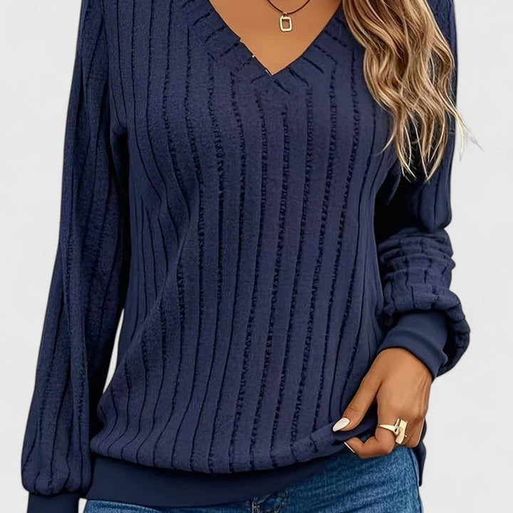 Women's V-Neck Ribbed Cable Knit Sweater Long Sleeve Pullover - Navy Blue