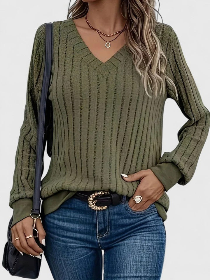 Women's V-Neck Ribbed Cable Knit Sweater Long Sleeve Pullover - Green