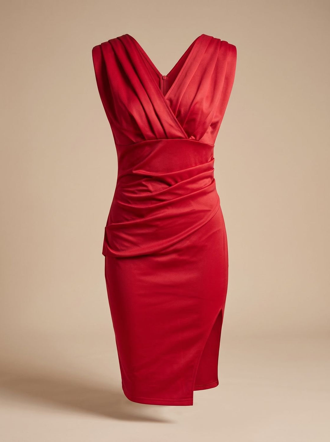Women's V-Neck Ruched Bodycon Midi Dress Side Slit