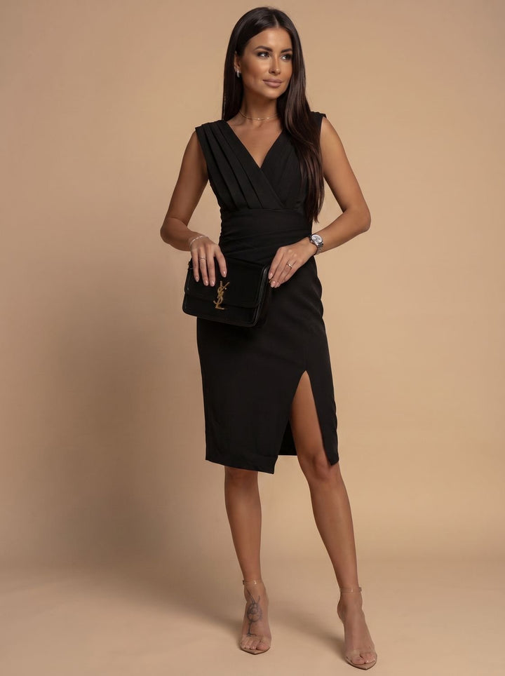 Women's V-Neck Ruched Bodycon Midi Dress Side Slit - Black