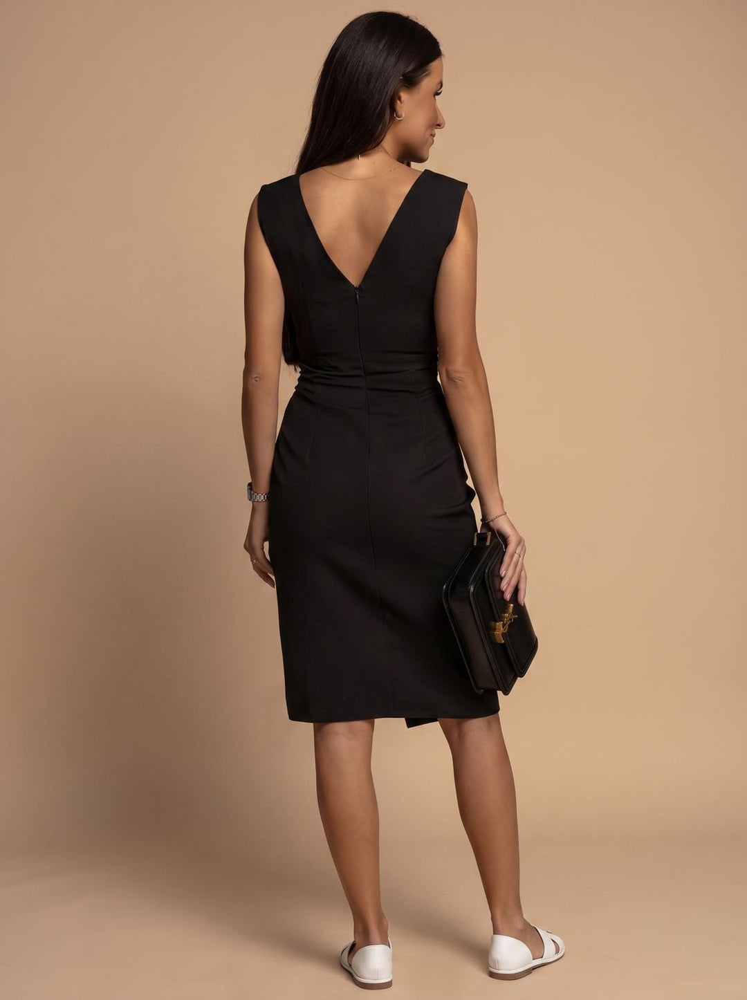 Women's V-Neck Ruched Bodycon Midi Dress Side Slit
