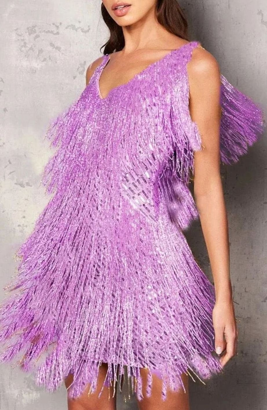 Women's V-Neck Sequin Fringe Mini Cocktail Dress - Purple
