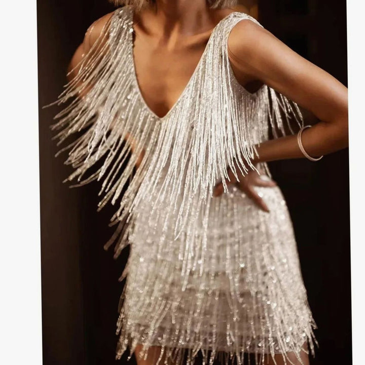 Women's V-Neck Sequin Fringe Mini Cocktail Dress - Silver