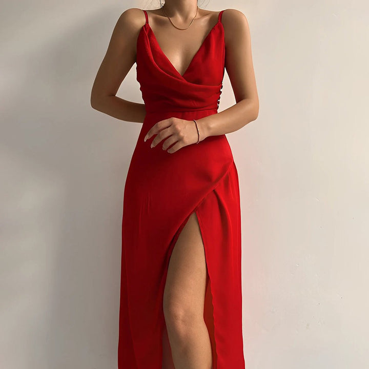 Women's V-Neck Spaghetti Strap Cocktail Party Dress High Slit Maxi - Red
