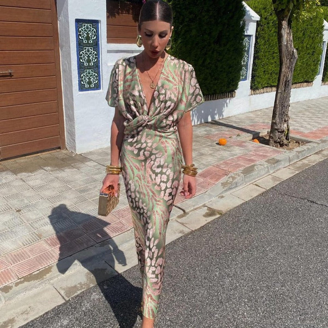 Women's V-Neck Twisted Midi Cocktail Party Dress Animal Print