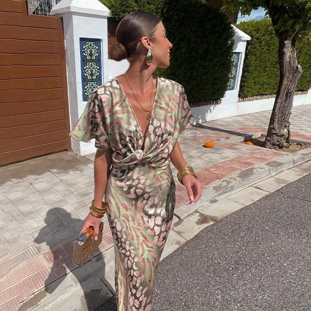 Women's V-Neck Twisted Midi Cocktail Party Dress Animal Print