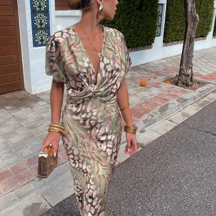 Women's V-Neck Twisted Midi Cocktail Party Dress Animal Print