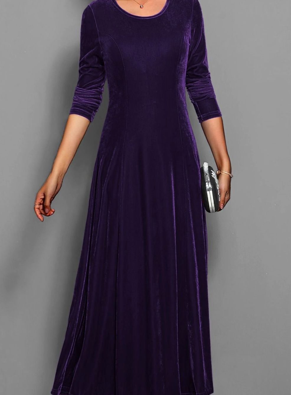 Women's Velvet Long Sleeve Formal Party Dress Maxi A-Line - Purple