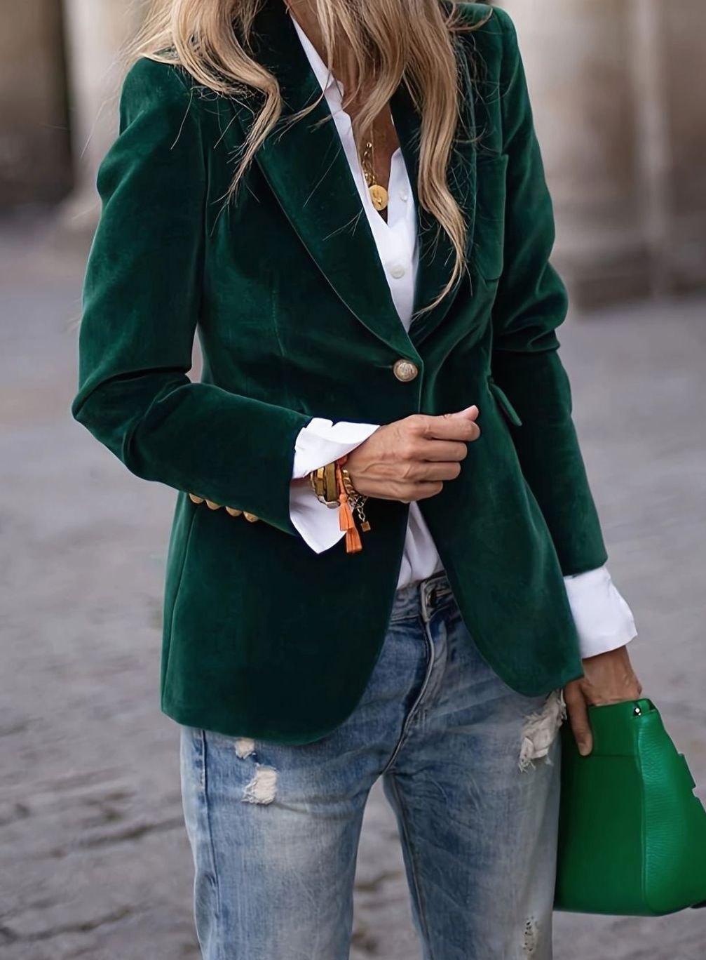 Women's Velvet Single-Button Casual Blazer Jacket - Dark Green