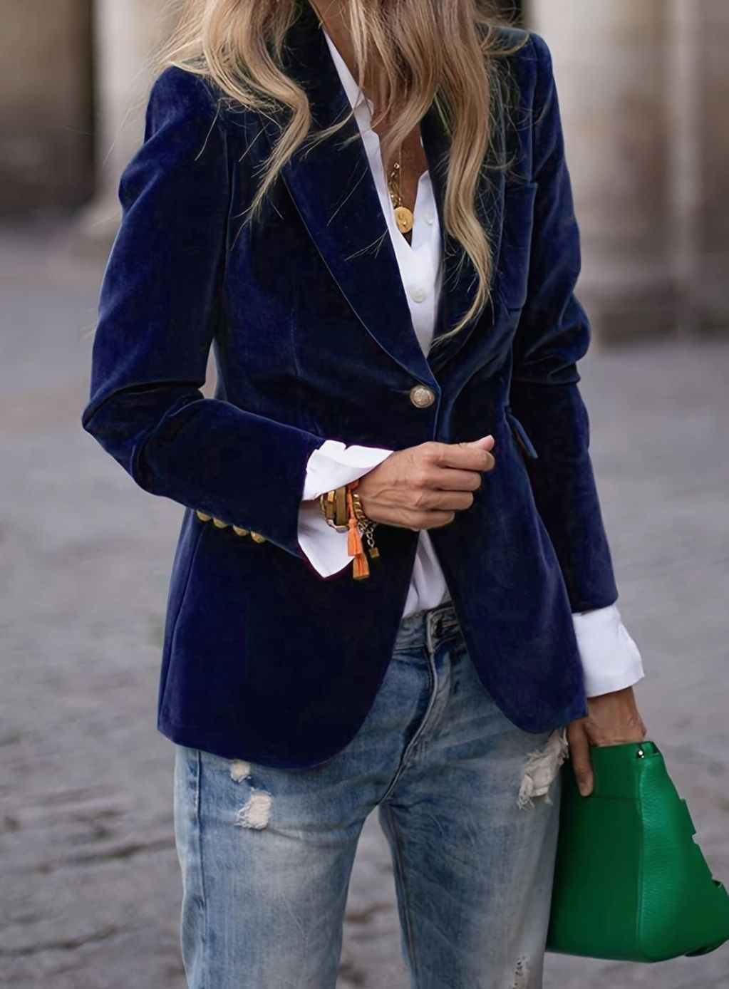 Women's Velvet Single-Button Casual Blazer Jacket - Navy Blue