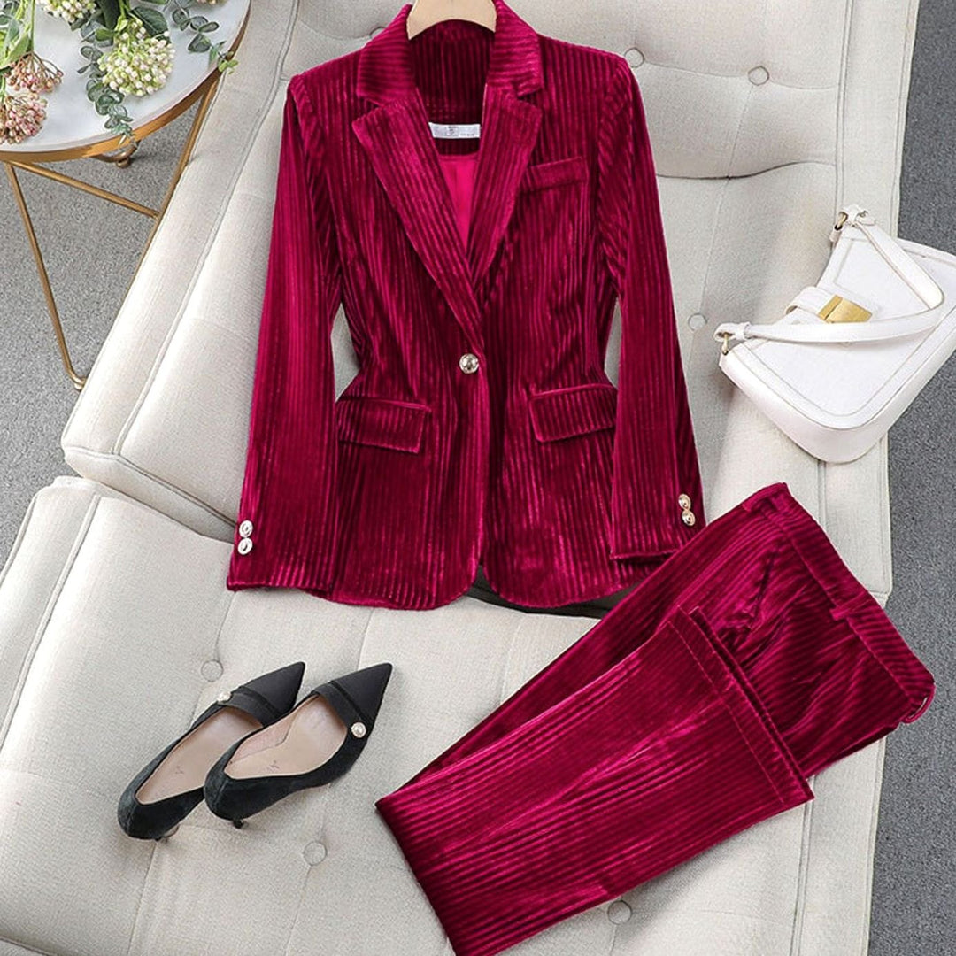 Women's Velvet Tailored Long Blazer Suit Set - Red