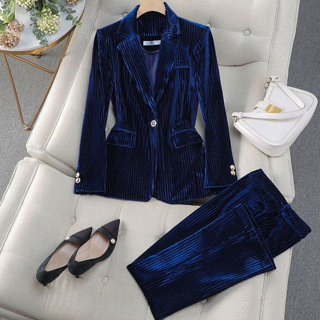 Women's Velvet Tailored Long Blazer Suit Set - Blue