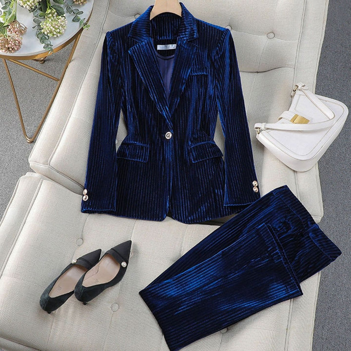 Women's Velvet Tailored Long Blazer Suit Set - Blue