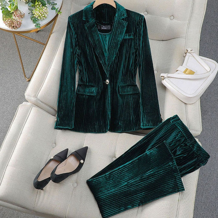 Women's Velvet Tailored Long Blazer Suit Set - Green