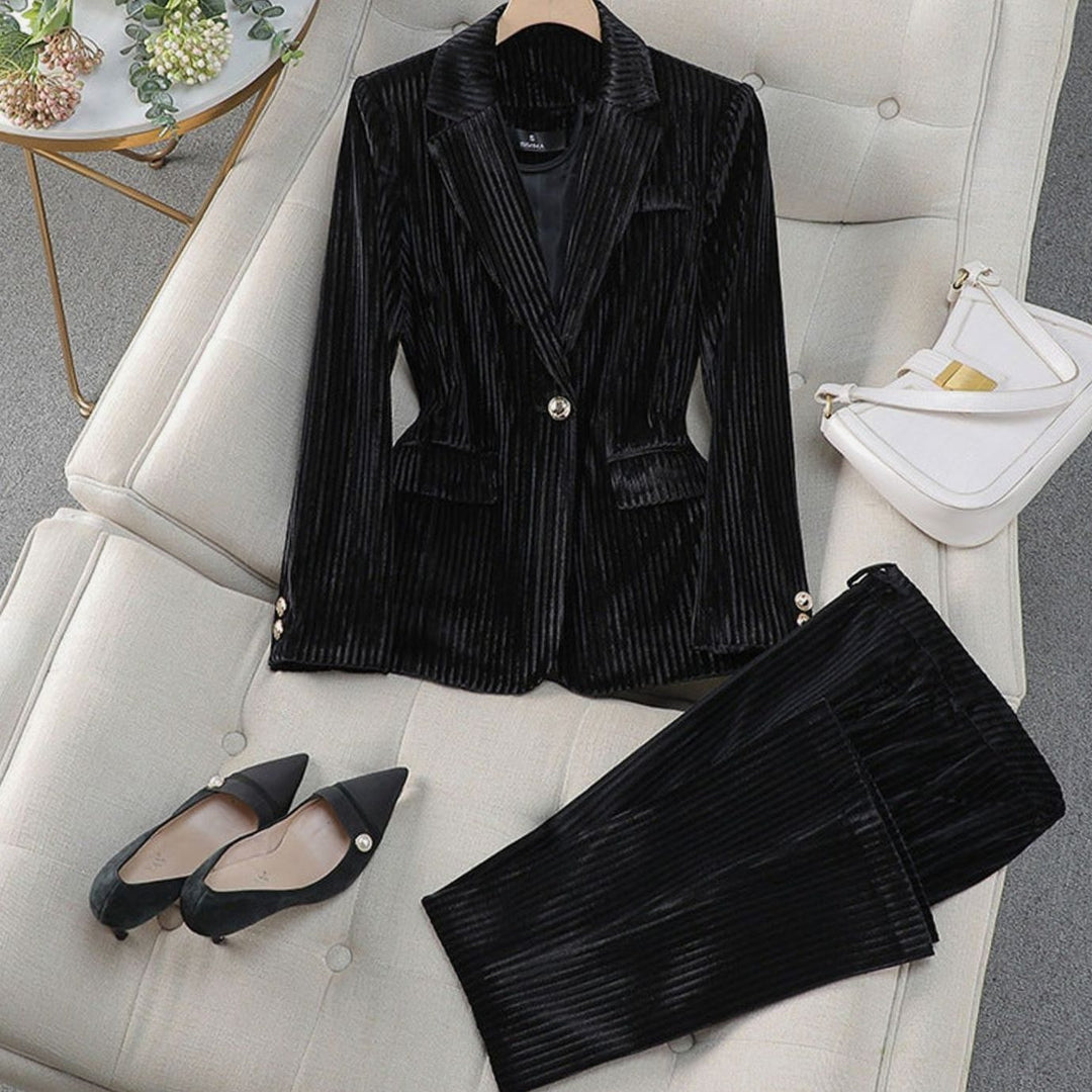 Women's Velvet Tailored Long Blazer Suit Set - Black