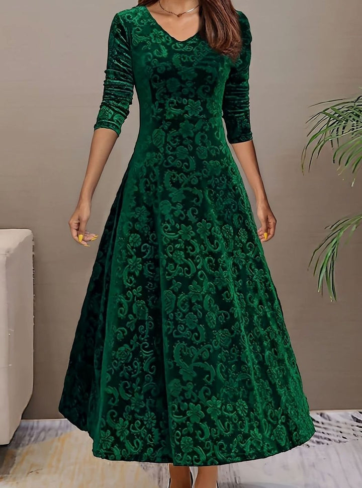 Women's Velvet V-Neck Long-Sleeve Floral Midi Dress