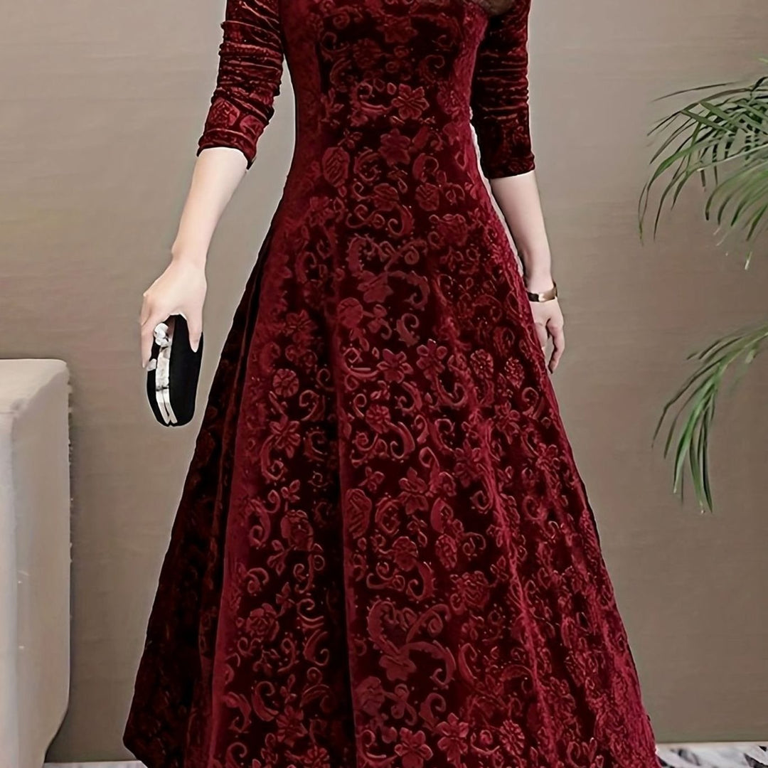 Women's Velvet V-Neck Long-Sleeve Floral Midi Dress