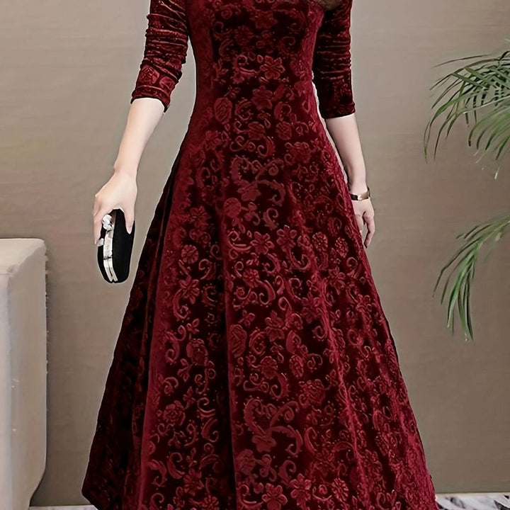 Women's Velvet V-Neck Long-Sleeve Floral Midi Dress