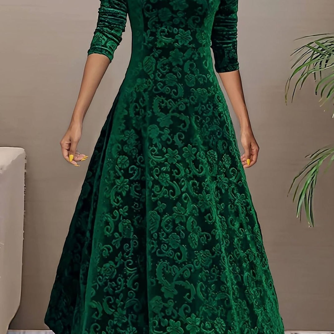 Women's Velvet V-Neck Long-Sleeve Floral Midi Dress