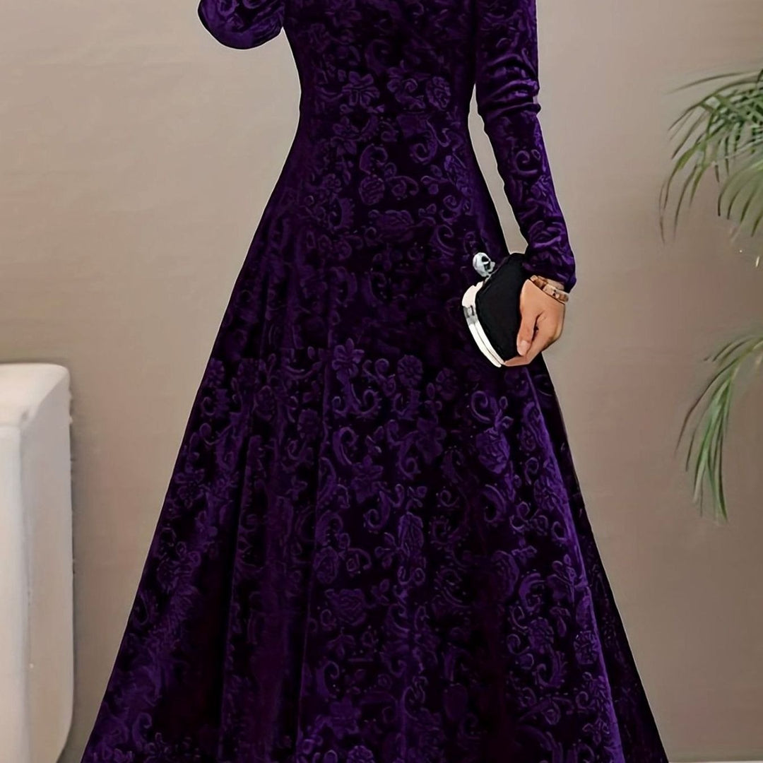 Women's Velvet V-Neck Long-Sleeve Floral Midi Dress