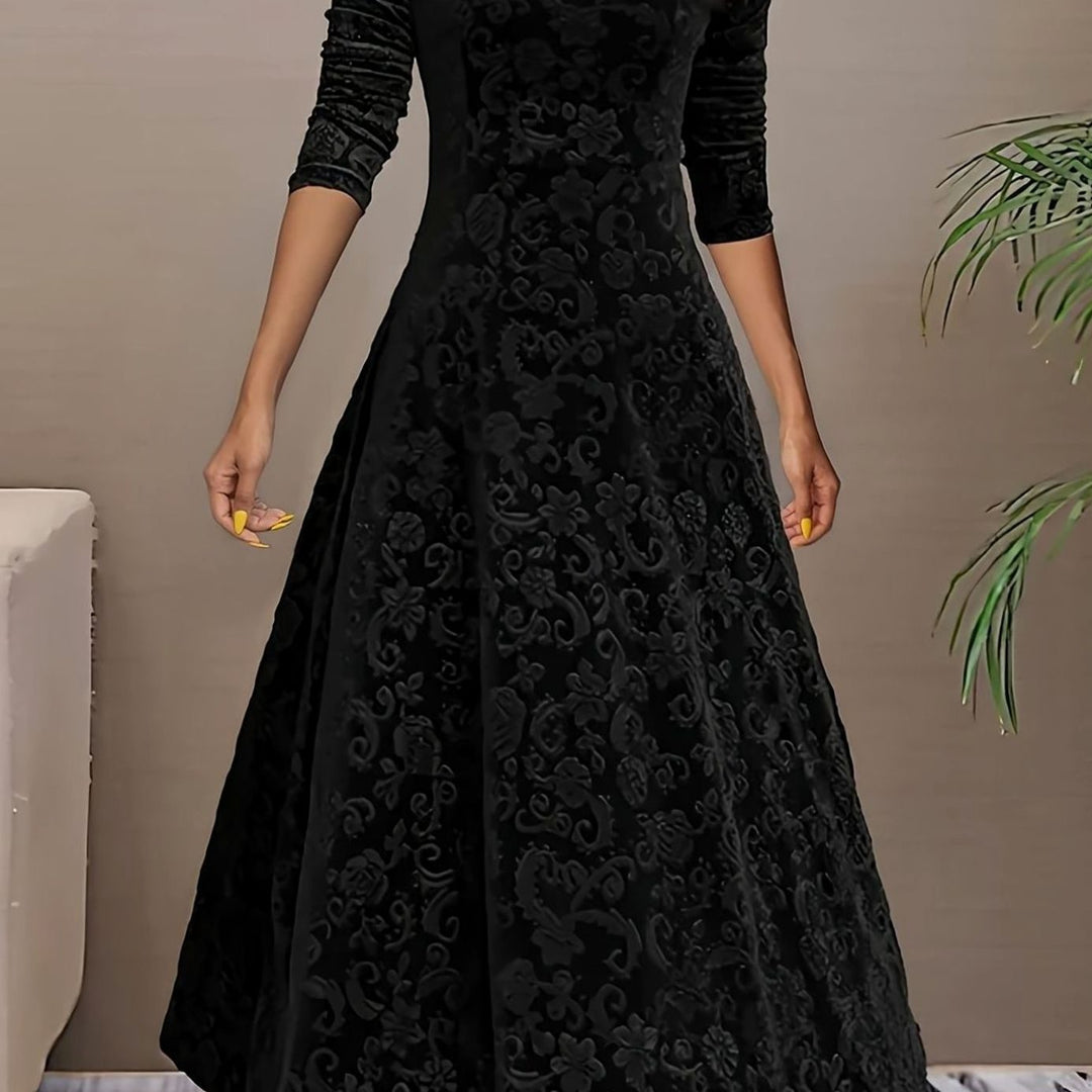 Women's Velvet V-Neck Long-Sleeve Floral Midi Dress