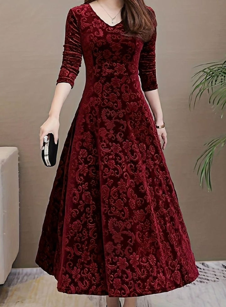 Women's Velvet V-Neck Long-Sleeve Floral Midi Dress