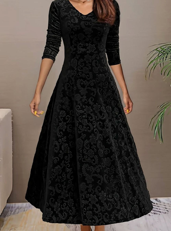 Women's Velvet V-Neck Long-Sleeve Floral Midi Dress