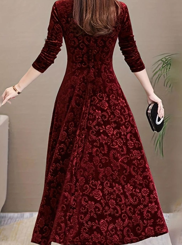 Women's Velvet V-Neck Long-Sleeve Floral Midi Dress - Burgundy