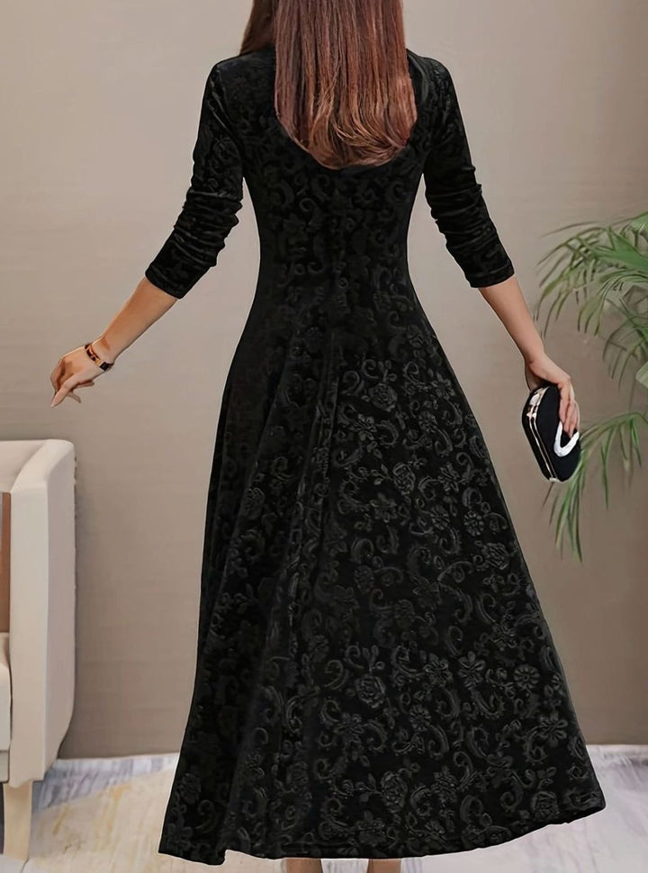 Women's Velvet V-Neck Long-Sleeve Floral Midi Dress - Black
