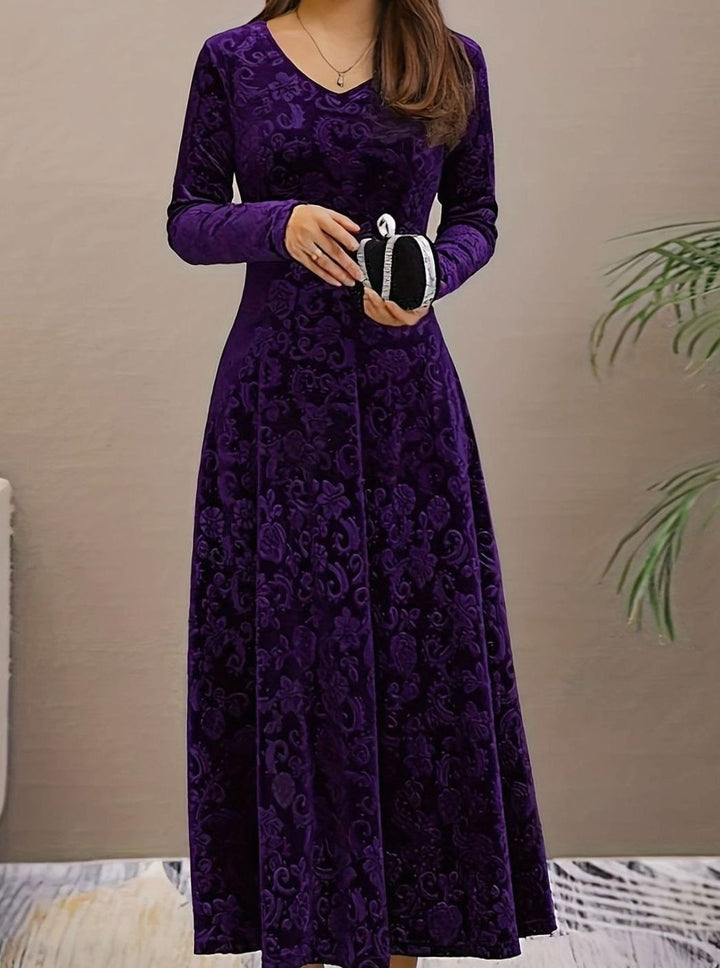 Women's Velvet V-Neck Long-Sleeve Floral Midi Dress