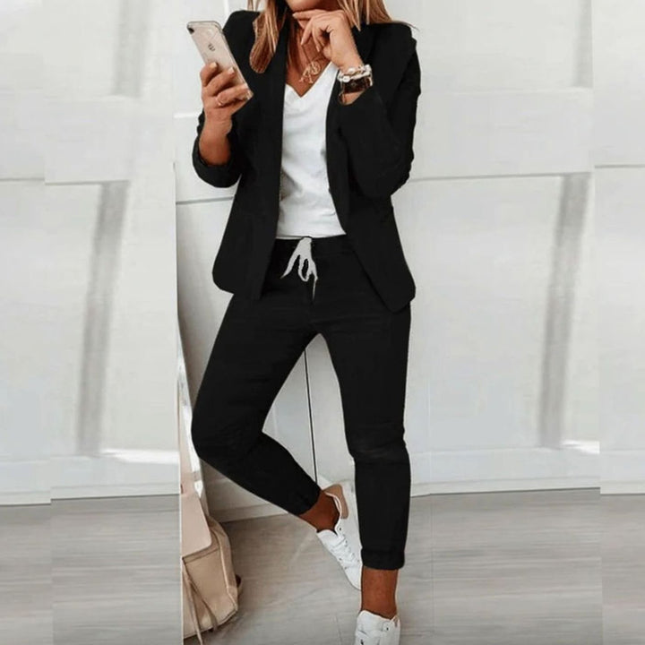 Women's Versatile Blazer Jogger Pants Two-Piece Set - Black