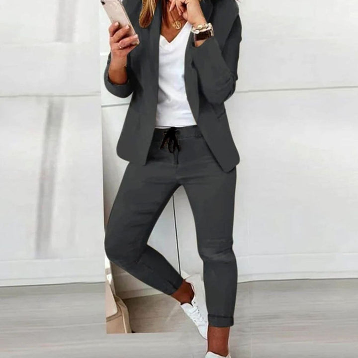 Women's Versatile Blazer Jogger Pants Two-Piece Set - Dark Gray