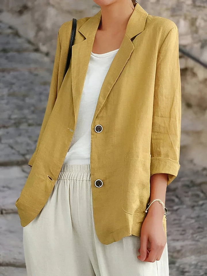 Womens Vest Casual Linen Blazer Open Front Two-Button Jacket - Yellow