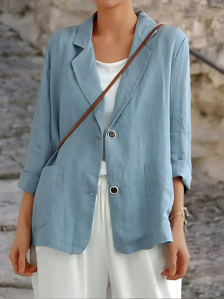 Womens Vest Casual Linen Blazer Open Front Two-Button Jacket - Blue