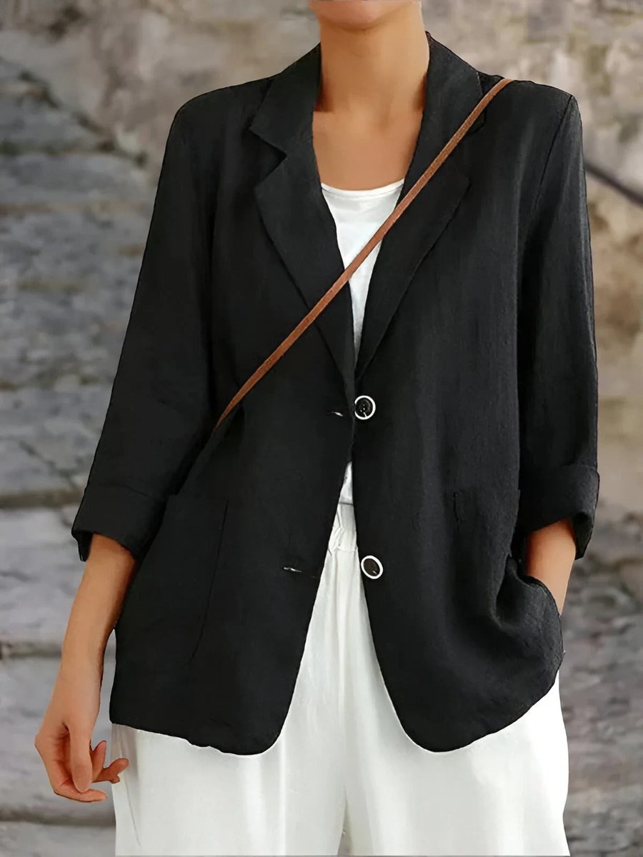 Womens Vest Casual Linen Blazer Open Front Two-Button Jacket - Black