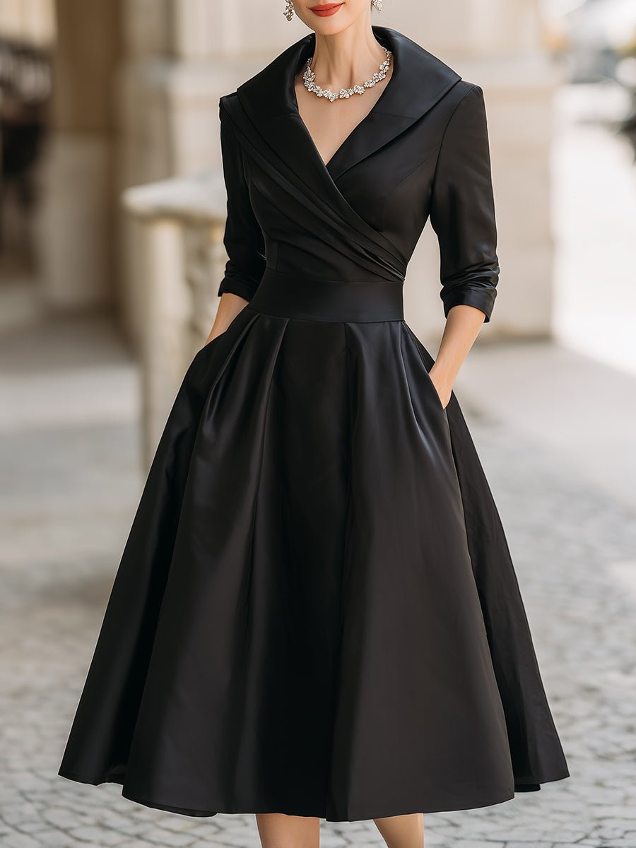 Women's Vintage A-Line Wrap Cocktail Party Dress Midi Pleated Skirt - Black