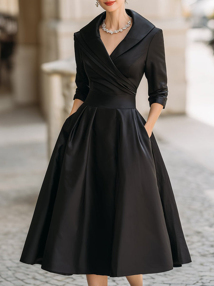 Women's Vintage A-Line Wrap Cocktail Party Dress Midi Pleated Skirt - Black