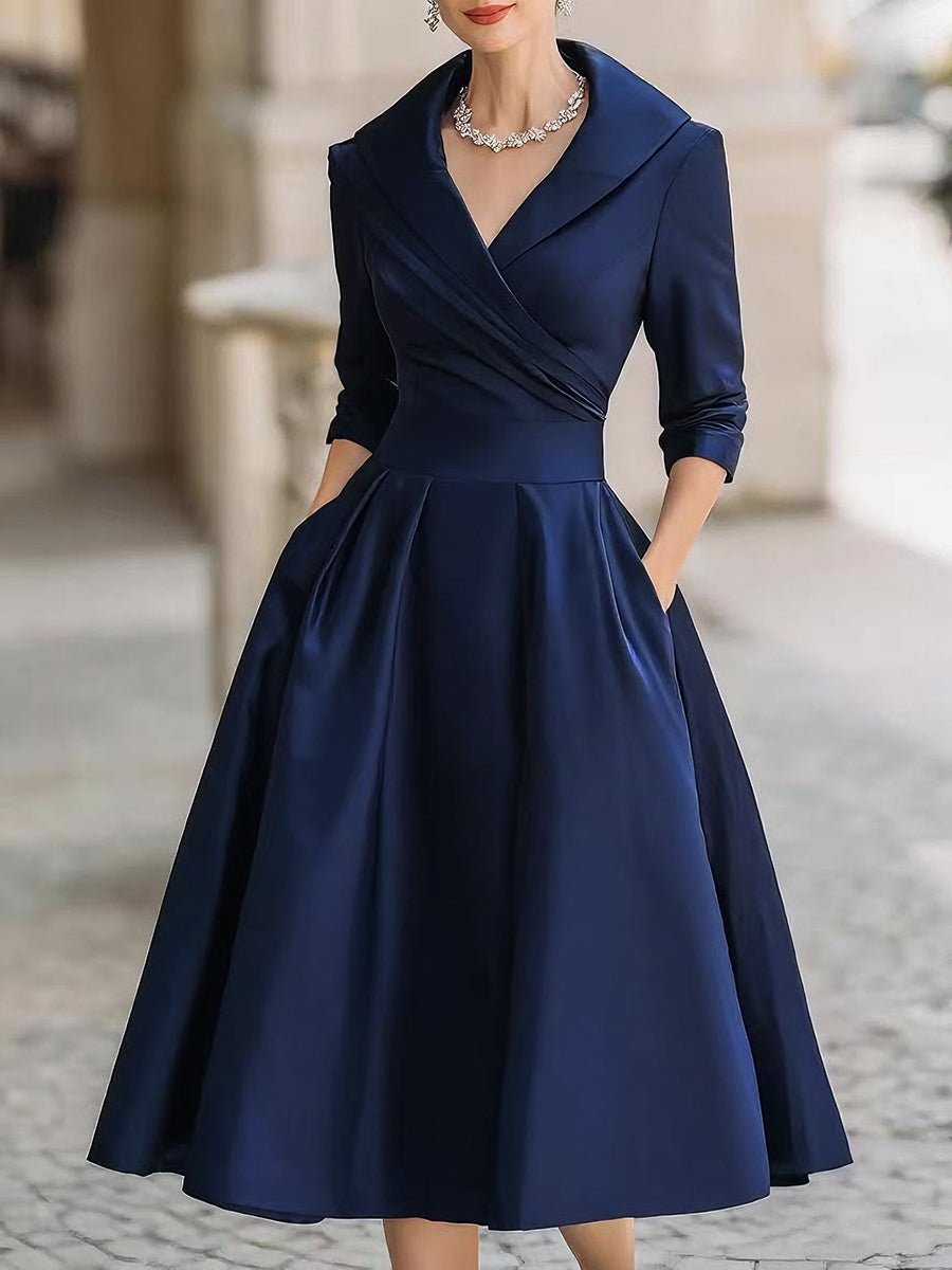 Women's Vintage A-Line Wrap Cocktail Party Dress Midi Pleated Skirt - Navy Blue