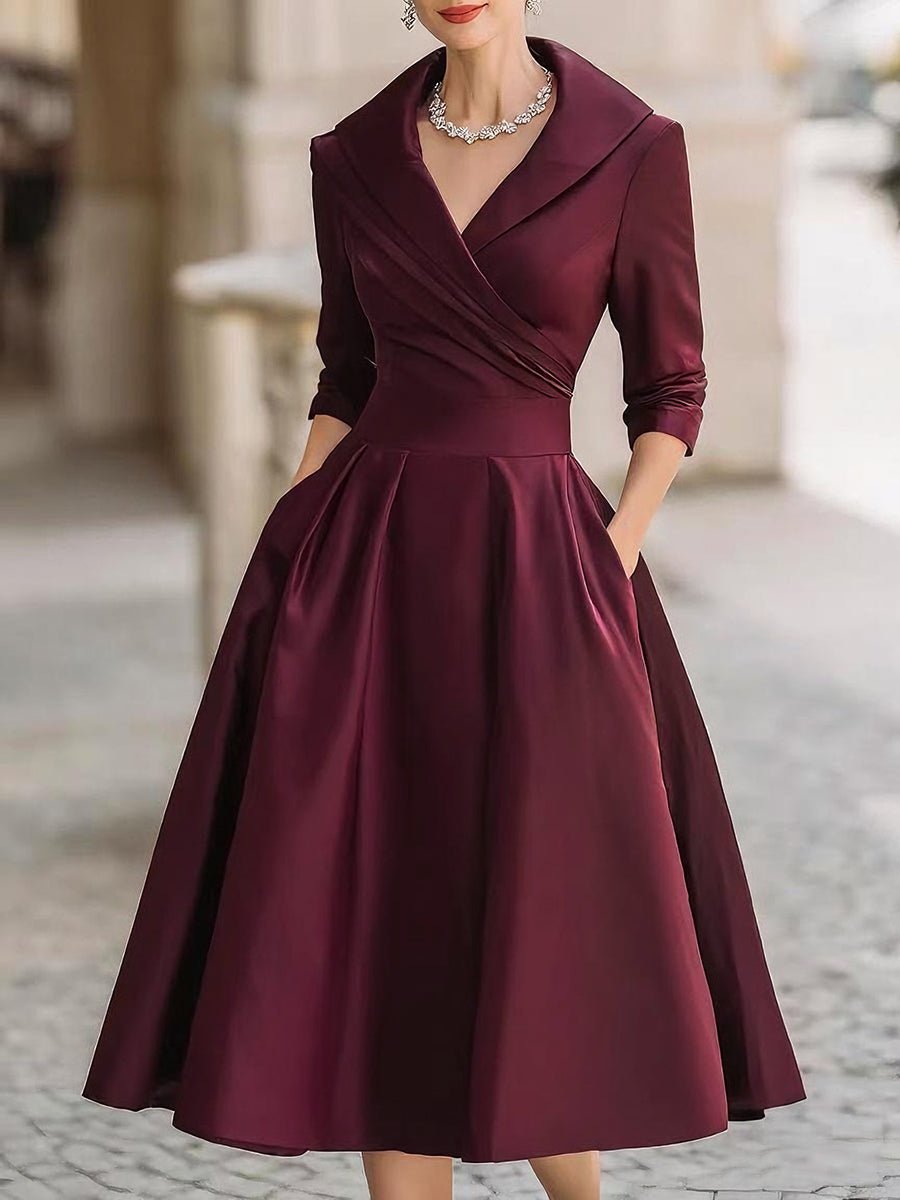 Women's Vintage A-Line Wrap Cocktail Party Dress Midi Pleated Skirt - Wine Red