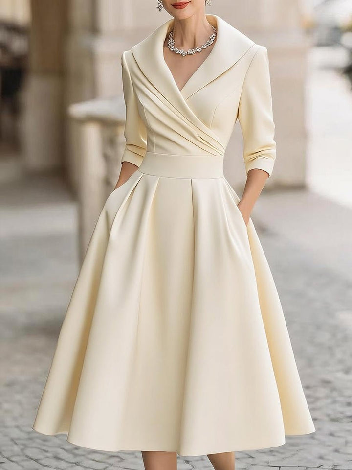 Women's Vintage A-Line Wrap Cocktail Party Dress Midi Pleated Skirt - Beige