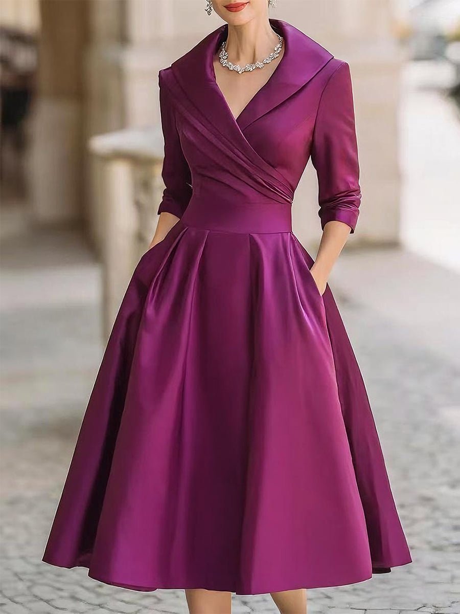 Women's Vintage A-Line Wrap Cocktail Party Dress Midi Pleated Skirt - Purple
