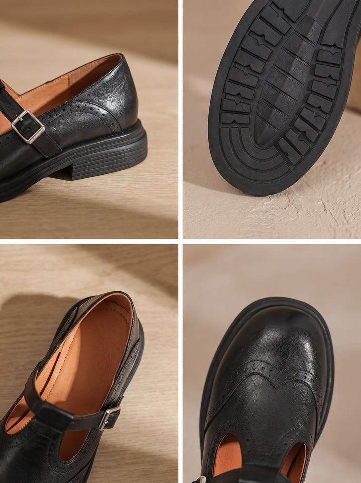 Women's Vintage Brogue T-Strap Buckle Mary Jane Flats