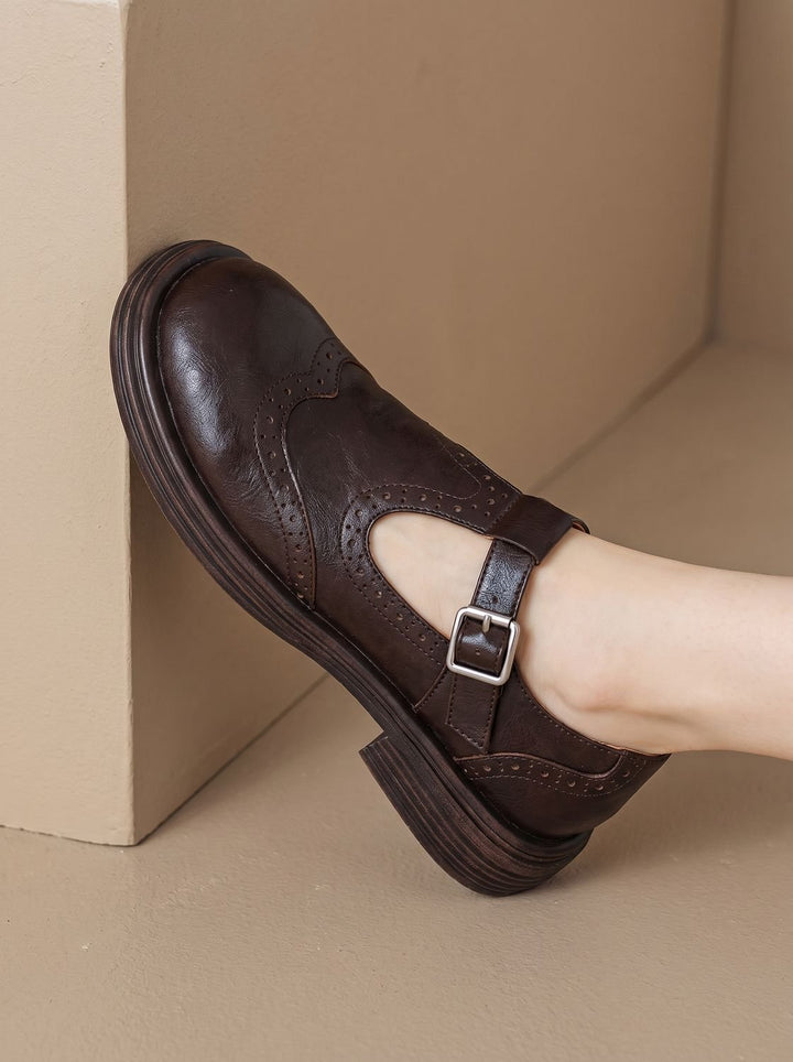 Women's Vintage Brogue T-Strap Buckle Mary Jane Flats - Dark Brown