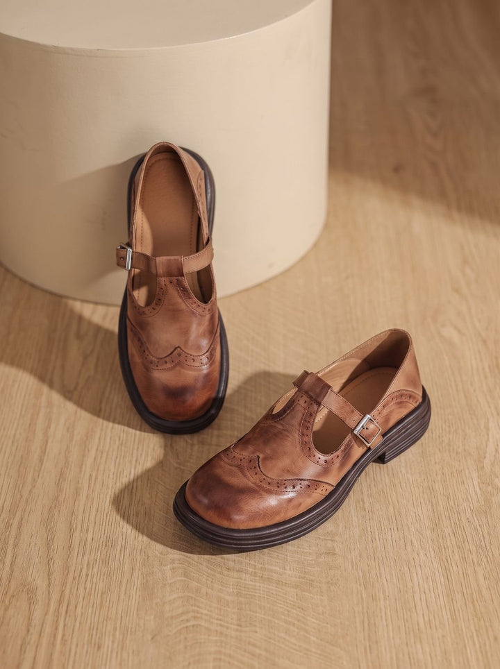 Women's Vintage Brogue T-Strap Buckle Mary Jane Flats